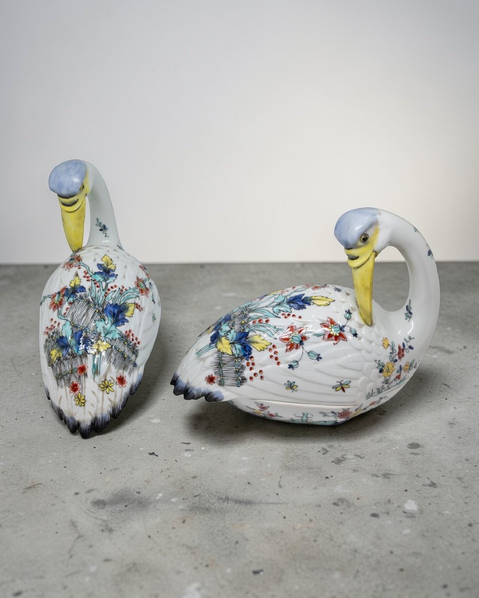 Samson - Coppia Di Cigni in Porcellana Policroma - Francia Inizio XX Secolo -photo-2